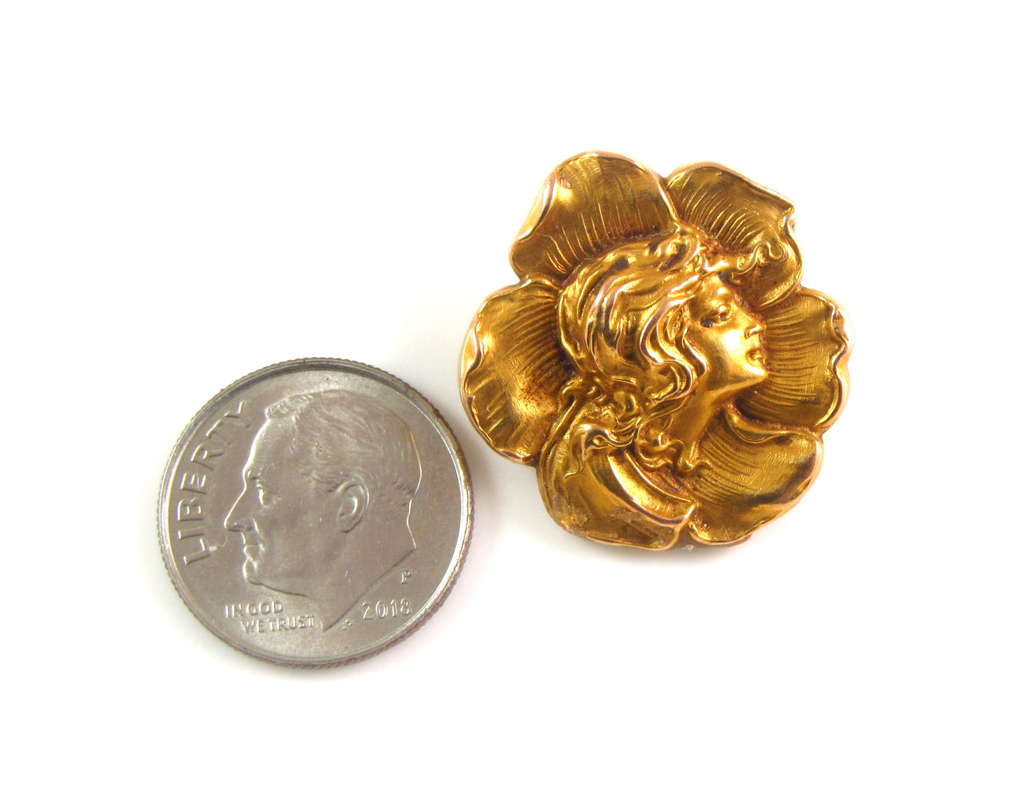 Antique 14k Gold Art Nouveau Maiden Lady Poppy Flower Brooch Pin