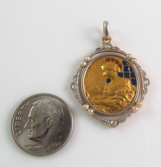 Antique 18K Gold Platinum Plique A Jour Enamel Diamond Pearl St. Cecilia Pendant