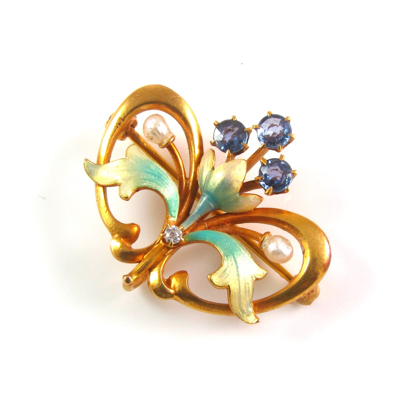 14k Gold Antique Art Nouveau Enamel Sapphire Pearl Flower Motif Watch Pin Brooch