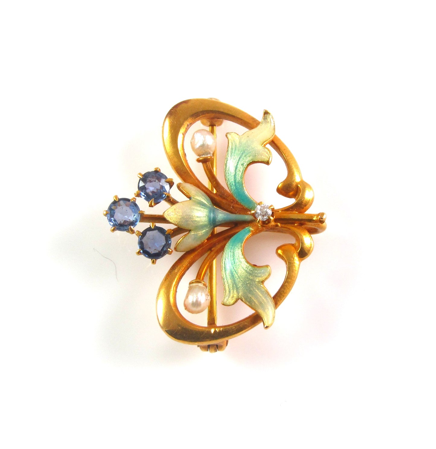 14k Gold Antique Art Nouveau Enamel Sapphire Pearl Flower Motif Watch Pin Brooch