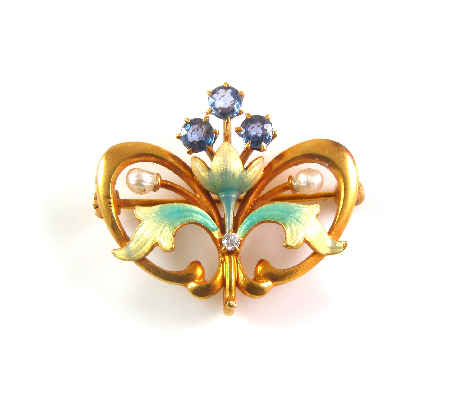 14k Gold Antique Art Nouveau Sapphire Pearl Enamel Brooch