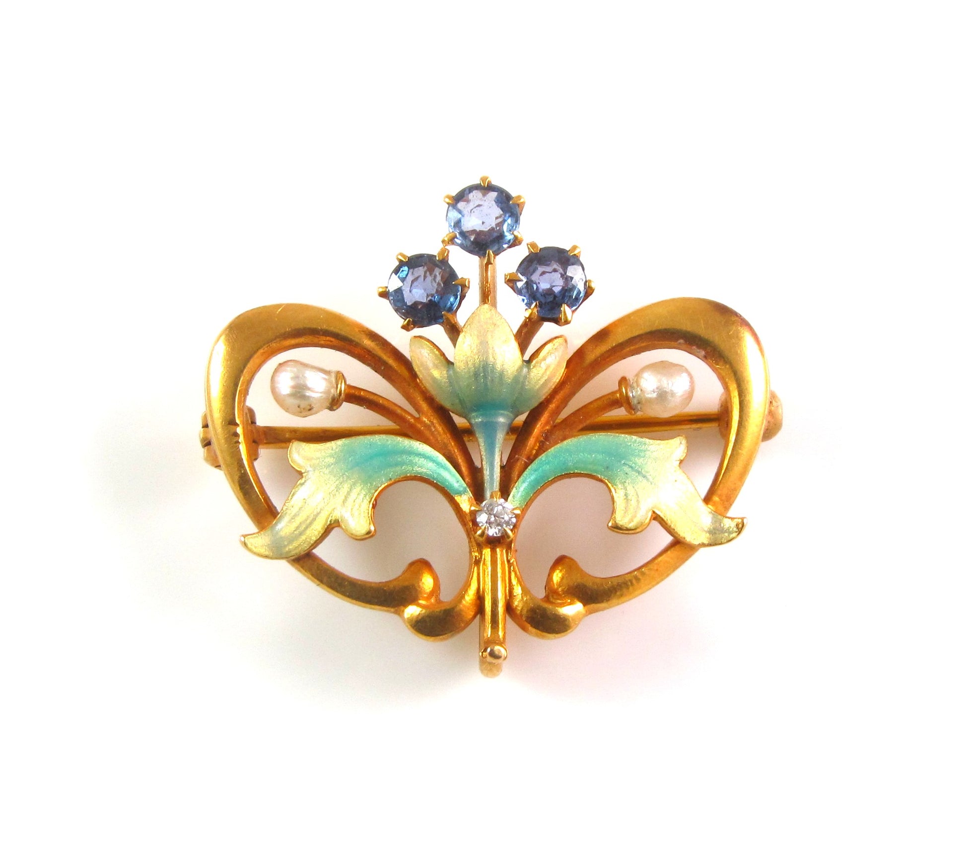 14k Gold Antique Art Nouveau Sapphire Pearl Enamel Brooch