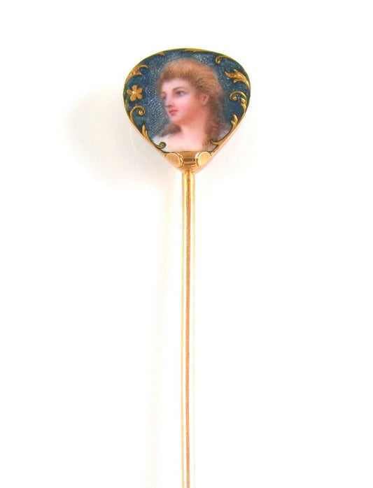 Antique Art Nouveau 18k Yellow Gold Guilloche enamel lady portrait stick pin