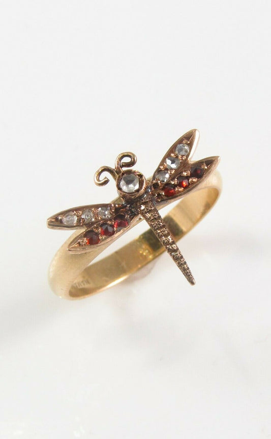 Antique 10K Gold Victorian Daimond & Garnet Dragonfly Conversion Ring Size 6.25