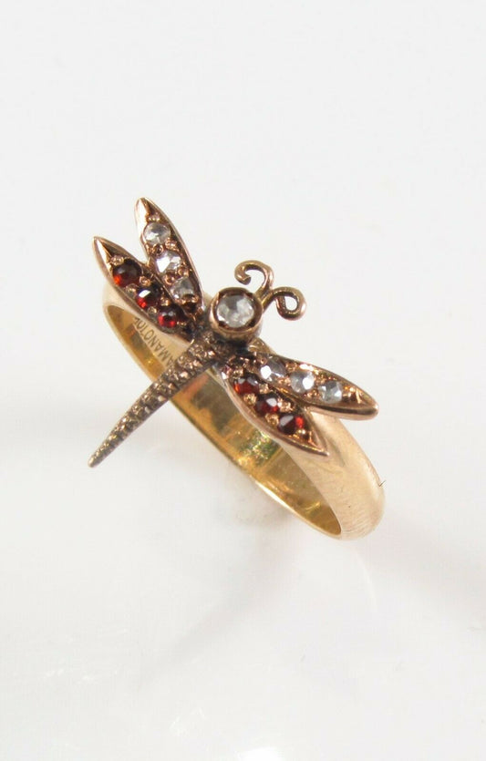 10k Gold Victorian Dragonfly Diamond & Garnet Insect Conversion Ring Size 6.25