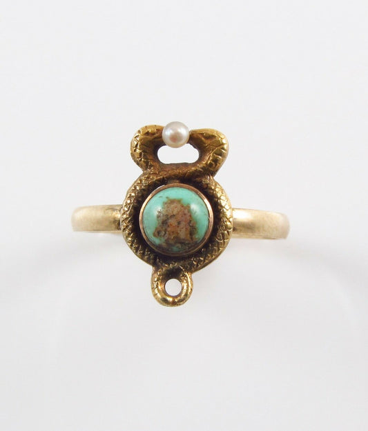 antique turquoise pearl serpents ring in 10k gold