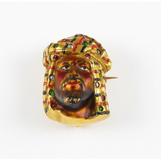 14k Gold Art Nouveau Enamel Arab Gemstones Brooch