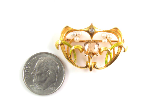 Antique 14k Gold Art Nouveau Krementz Enamel Citrine Pearl Brooch Watch Pin