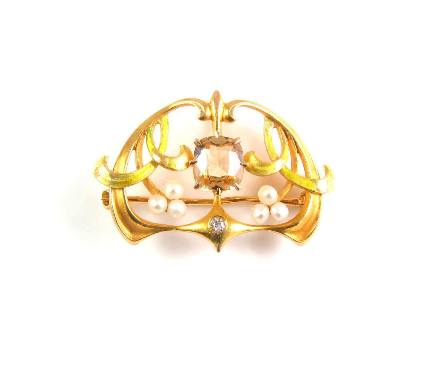 Antique 14k Gold Art Nouveau Krementz Enamel Citrine Pearl Brooch Watch Pin