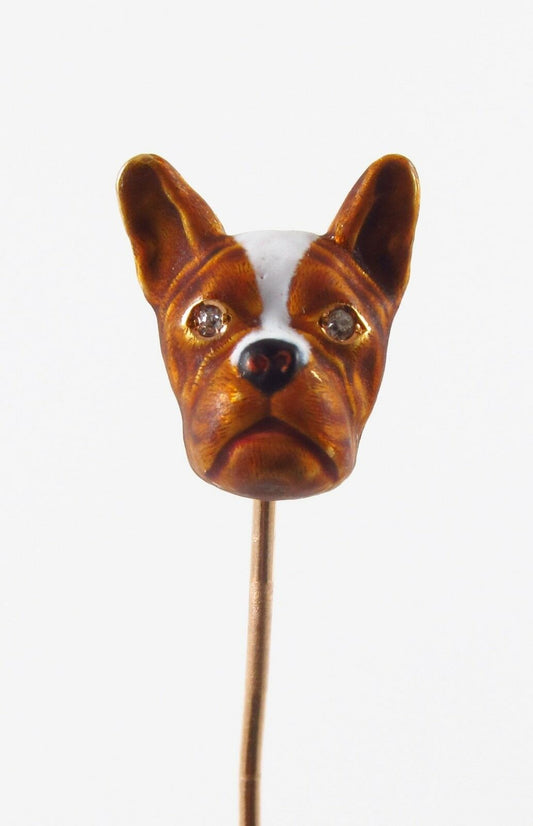 Art Nouveau 14K Gold Alling & Company Enamel French Bull Dog Stick Pin