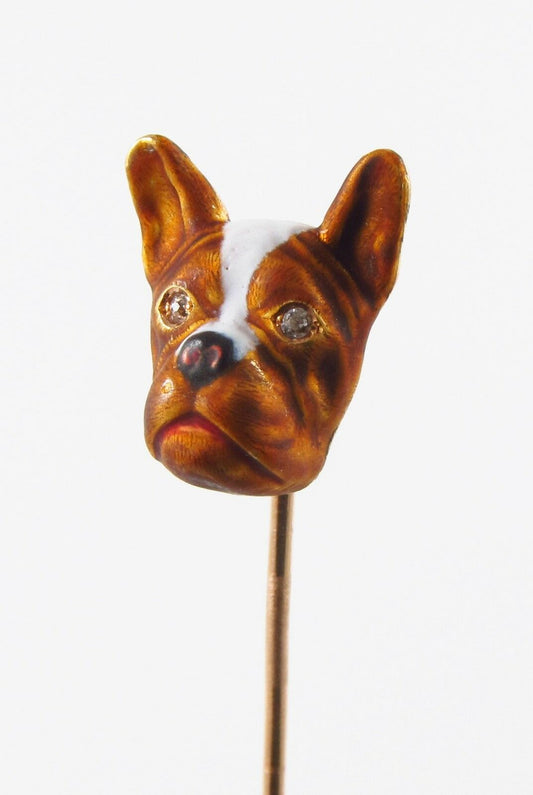14k Gold Art Nouveau Alling & Co Enamel French Bull Dog Diamond Eyed Stick Pin