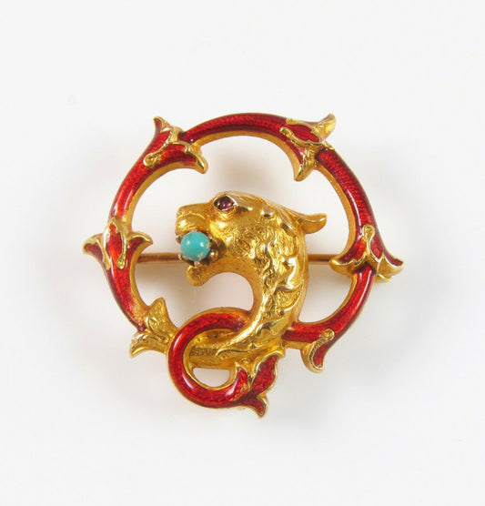 14K gold Art Nouveau enamel water dragon brooch watch pin