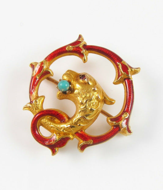 14K Gold Art Nouveau Enamel Ruby Eyed Turquoise Dragon Griffin Brooch Watch Pin