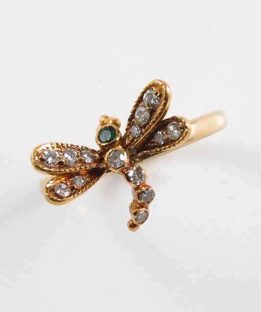 14k Gold Victorian Art Nouveau Diamond & Emerald Dragonfly Conversion Ring SZ 7