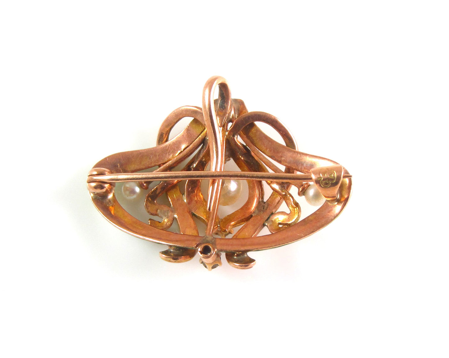 Antique 14k Gold Art Nouveau Alling & Company Enamel Diamond Pearl Brooch Watch Pin