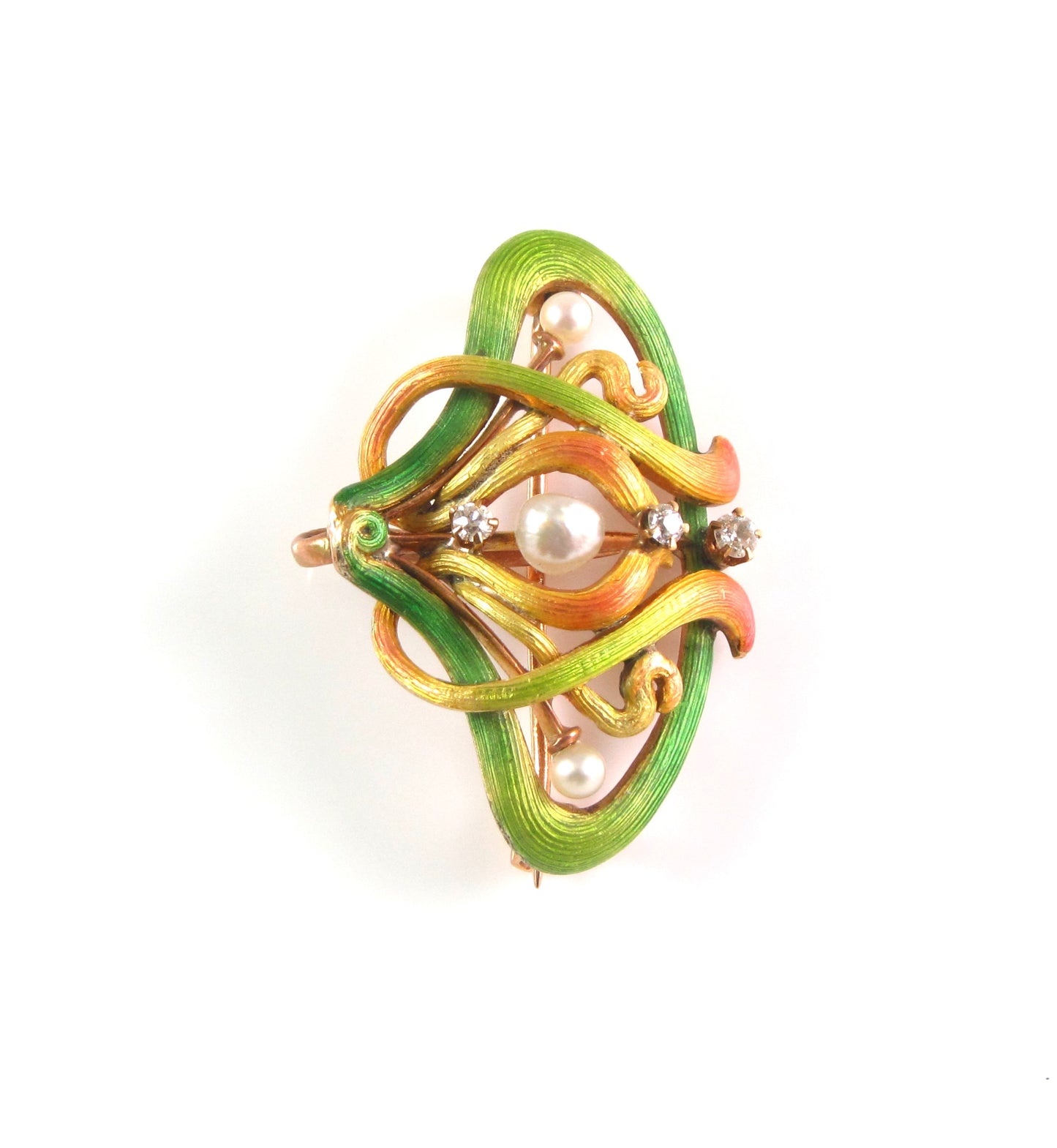 Antique 14k Gold Art Nouveau Alling & Company Enamel Diamond Pearl Brooch Watch Pin