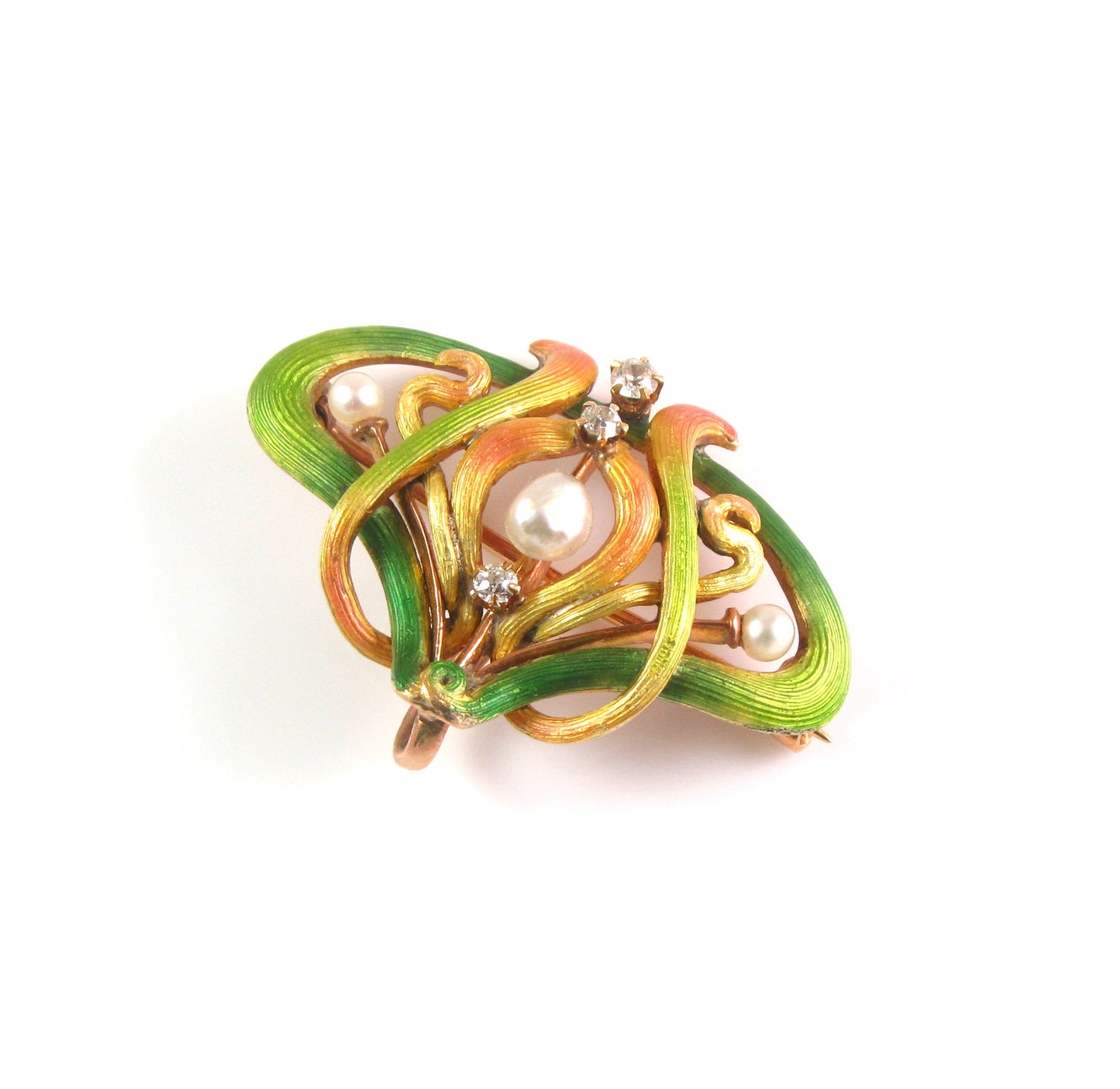 Antique 14k Gold Art Nouveau Alling & Company Enamel Diamond Pearl Brooch Watch Pin
