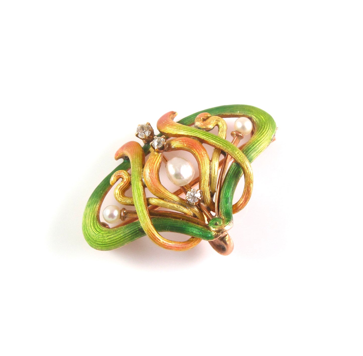Antique 14k Gold Art Nouveau Alling & Company Enamel Diamond Pearl Brooch Watch Pin