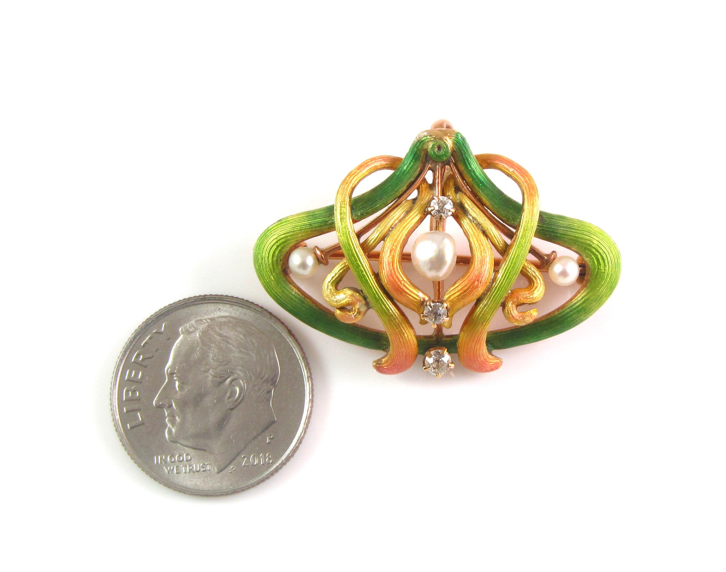 Antique 14k Gold Art Nouveau Alling & Company Enamel Diamond Pearl Brooch Watch Pin