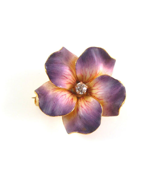 Antique 14K Art Nouveau Carter Gough enamel diamond violet flower watch pin brooch