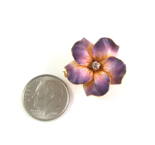 14k Gold Carter Gough Art Nouveau Enamel Diamond Violet Flower Watch Pin Brooch