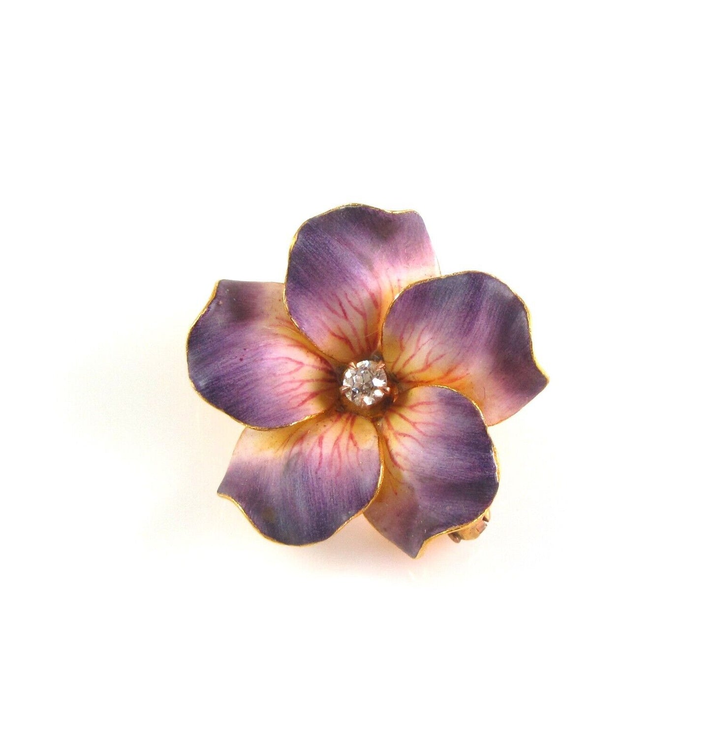 14k Gold Carter Gough Art Nouveau Enamel Diamond Violet Flower Watch Pin Brooch