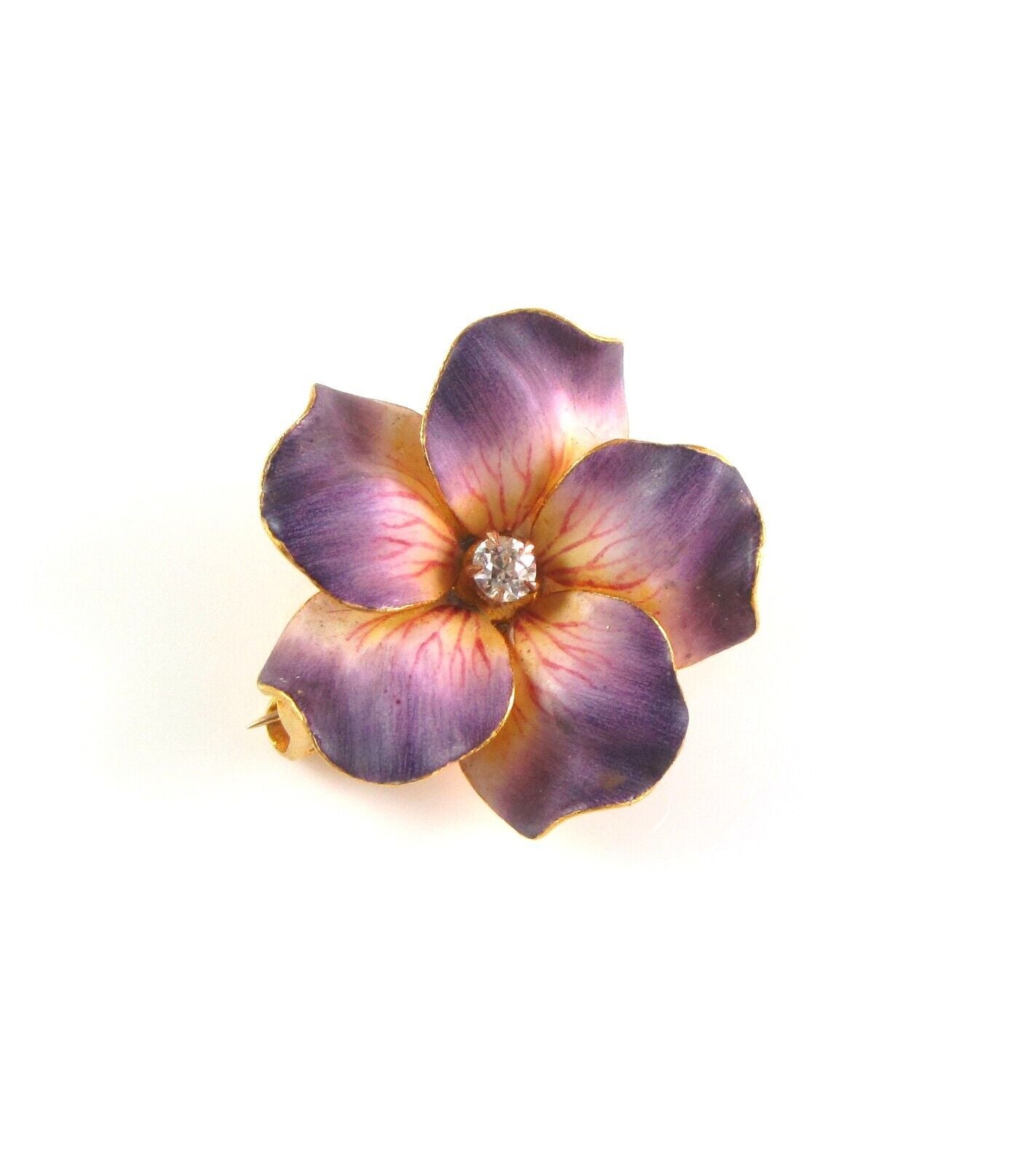 14k Gold Carter Gough Art Nouveau Enamel Diamond Violet Flower Watch Pin Brooch