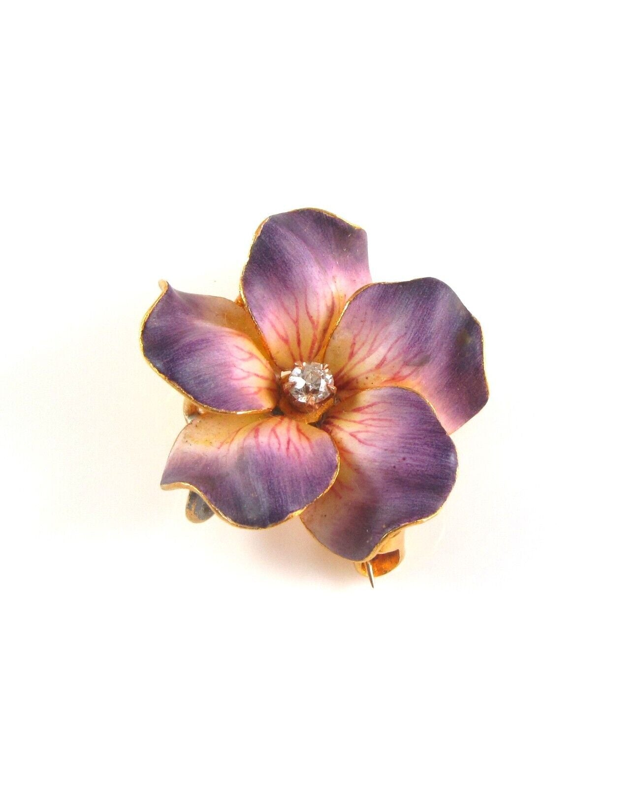 14k Gold Carter Gough Art Nouveau Enamel Diamond Violet Flower Watch Pin Brooch