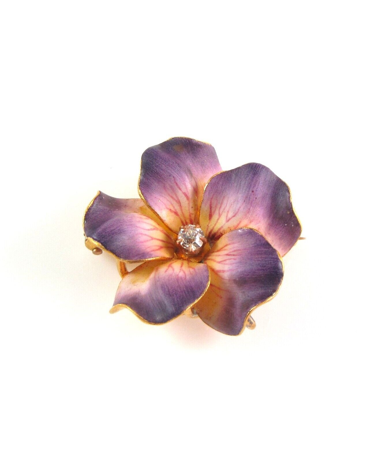 14k Gold Carter Gough Art Nouveau Enamel Diamond Violet Flower Watch Pin Brooch
