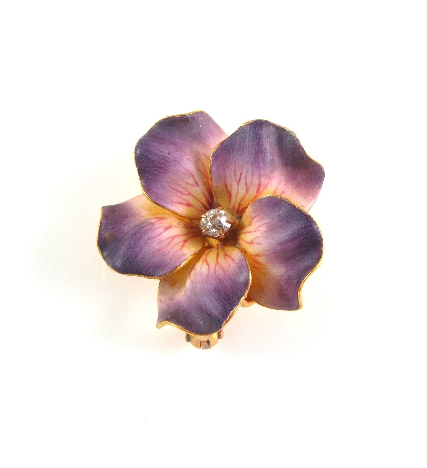 14k Gold Carter Gough Art Nouveau Enamel Diamond Violet Flower Watch Pin Brooch