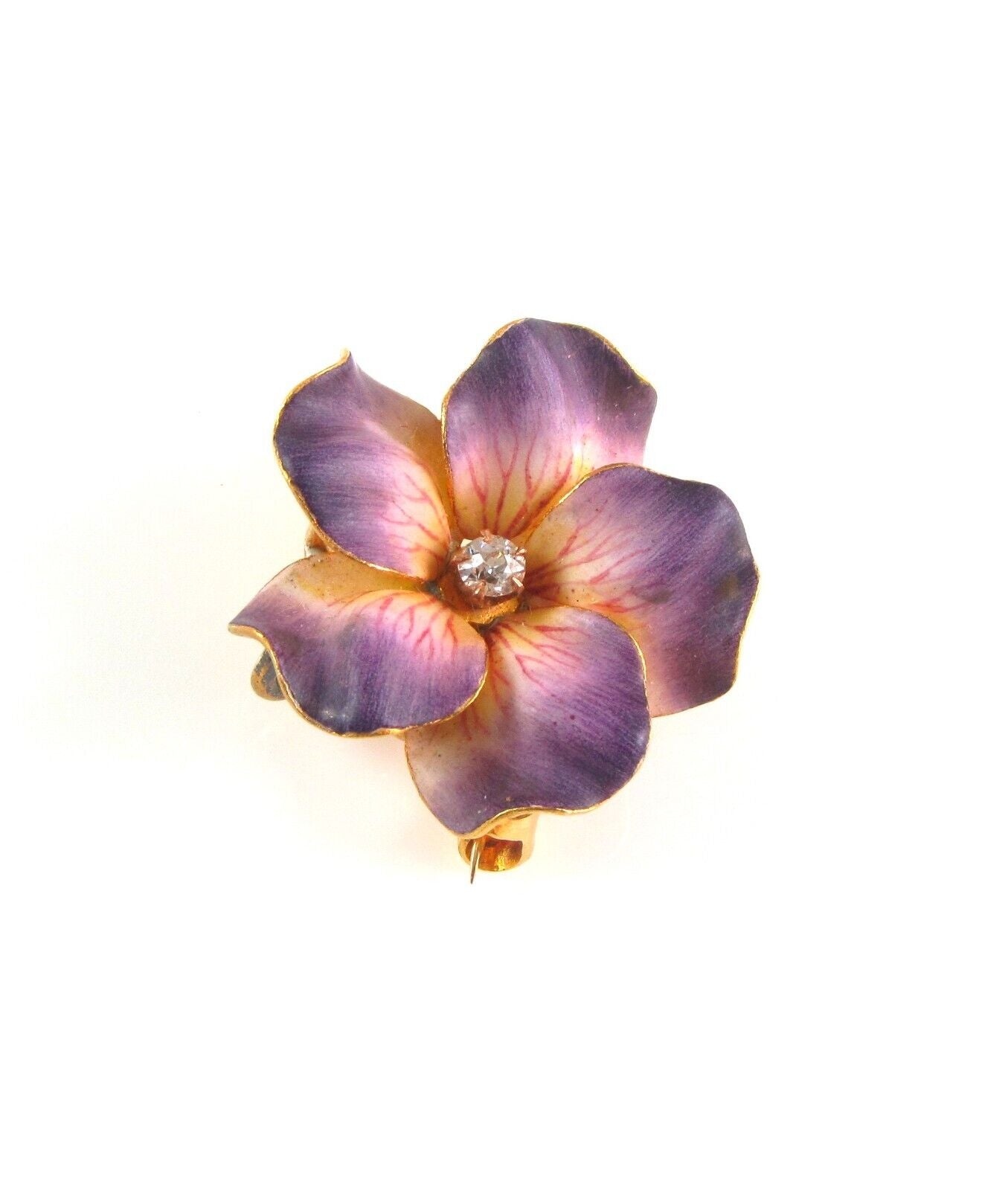 14k Gold Carter Gough Art Nouveau Enamel Diamond Violet Flower Watch Pin Brooch