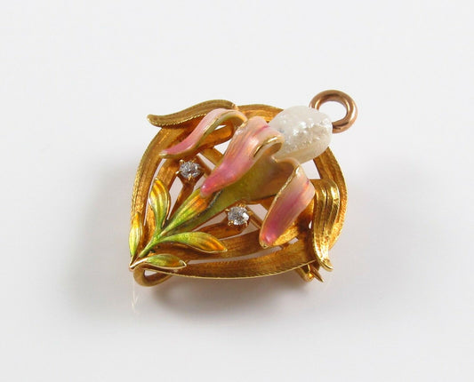 14k Art Nouveau Krementz & Co enamel flower brooch pendant