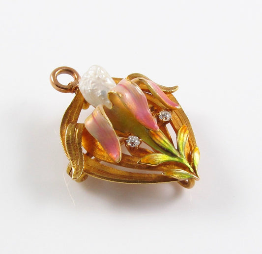14k Gold Art Nouveau Krementz Enamel Diamond Pearl Brooch Watch Pin Pendant