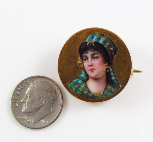 14K Gold Victorian Circular Enamel Egyptian Revival Lady Portrait Brooch Pin