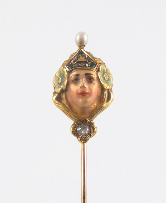 14k Gold Art Nouveau Gem Set Woman Stick Pin