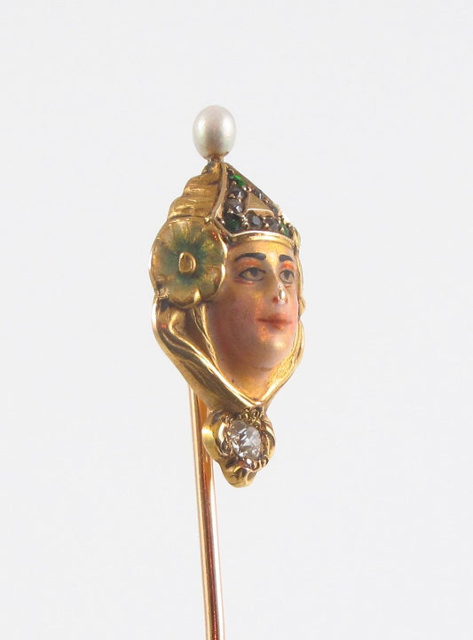 14k Gold Enamel Art Nouveau Crowned Woman Diamond Emerald Pearl Stick Pin