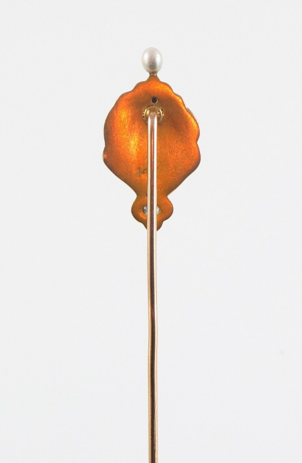 14k Gold Enamel Art Nouveau Crowned Woman Diamond Emerald Pearl Stick Pin