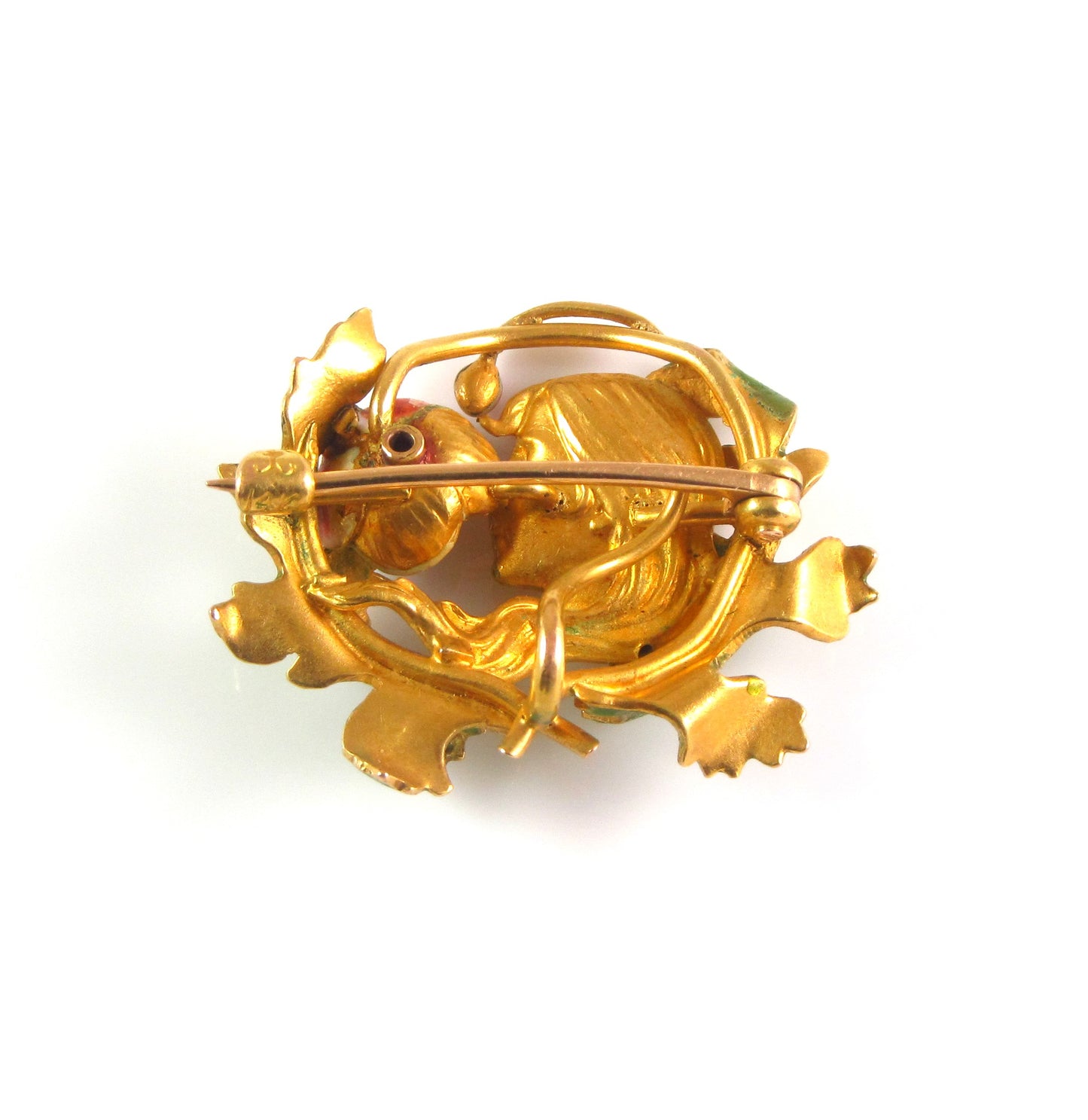 Antique 14K Gold Art Nouveau Krementz & Company Enamel & Diamond Lady Brooch Watch Pin