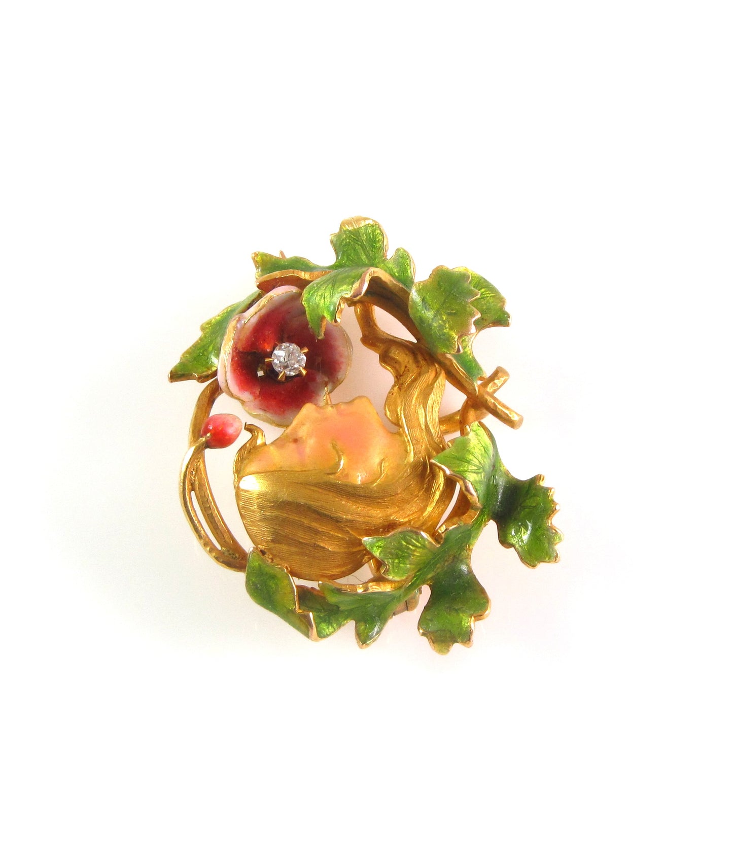 Antique 14K Gold Art Nouveau Krementz & Company Enamel & Diamond Lady Brooch Watch Pin
