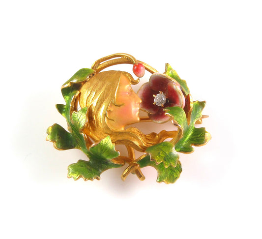 Antique 14k gold Art Nouveau Krementz & Company enamel diamond lady flower brooch watch pin