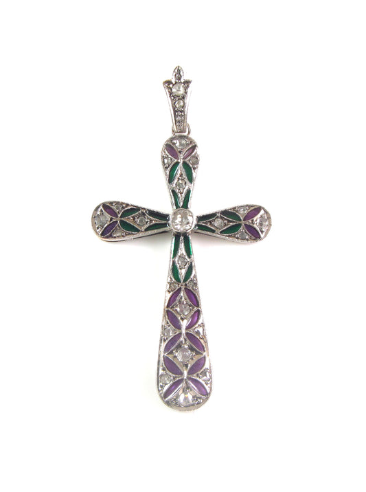 Antique 14K Gold Art Deco Plique A Jour Enamel Diamond Religious Cross Pendant
