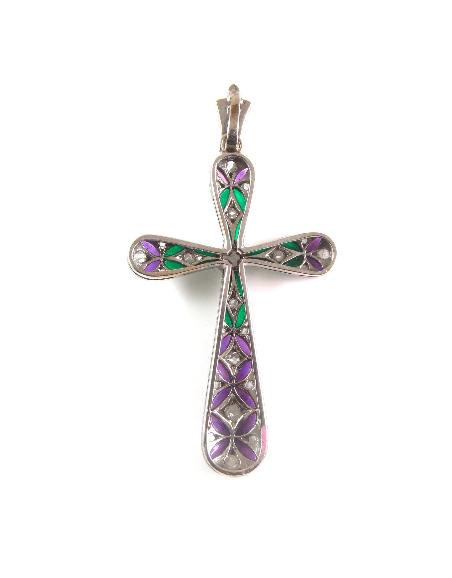 Antique 14K Gold Art Deco Plique A Jour Enamel Diamond Religious Cross Pendant