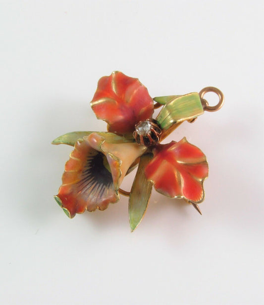 14k Gold Art Nouveau Enamel Orchid Flower Diamond Brooch Watch Pin Pendant