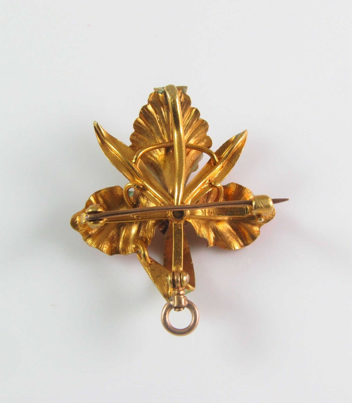 14k Gold Art Nouveau Enamel Orchid Flower Diamond Brooch Watch Pin Pendant