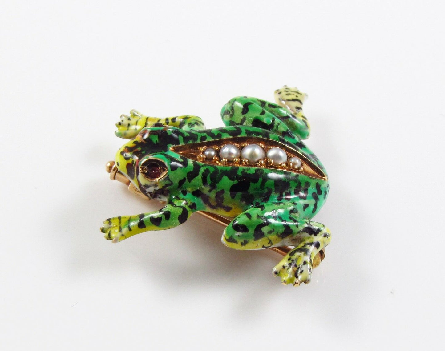 14K Gold Vintage Enamel & Pearl Body Frog Brooch Pin With Ruby Eyes