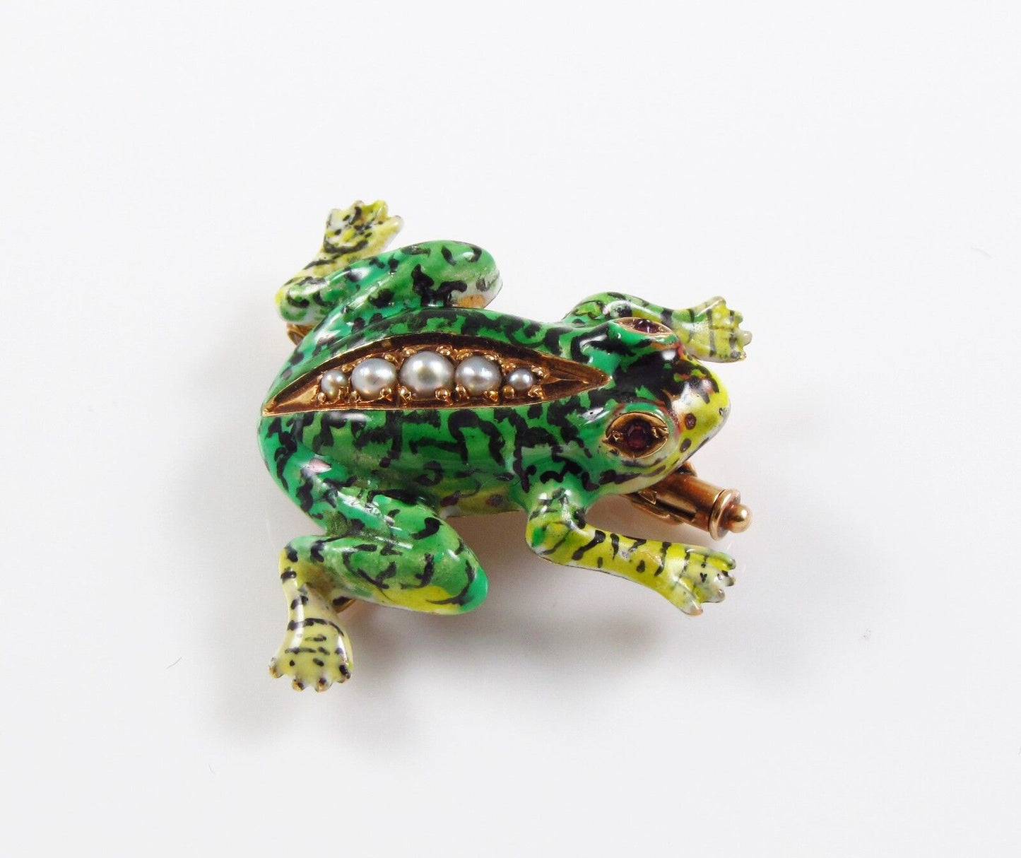 14K Gold Vintage Enamel & Pearl Body Frog Brooch Pin With Ruby Eyes