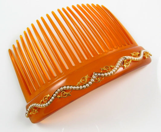 14k gold Art Nouveau pearl faux tortoise hair comb