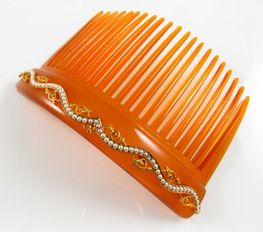 14K Gold Victorian Art Nouveau Faux Tortoise Shell Pearl & Ivy Motif Hair Comb