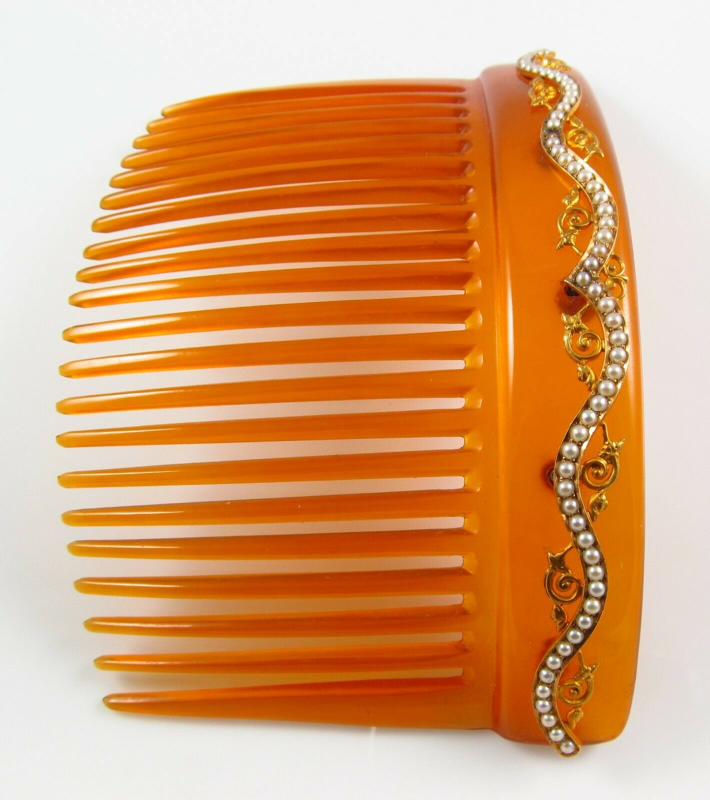 14K Gold Victorian Art Nouveau Faux Tortoise Shell Pearl & Ivy Motif Hair Comb