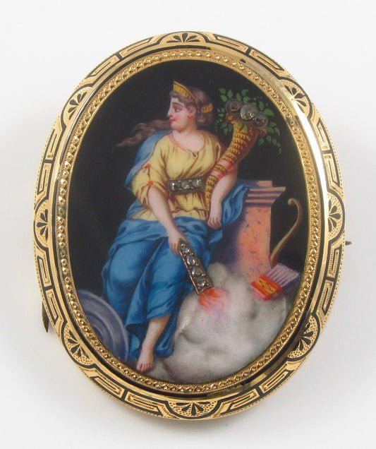Antique 14k gold Victorian Swiss enamel diamond Goddess brooch